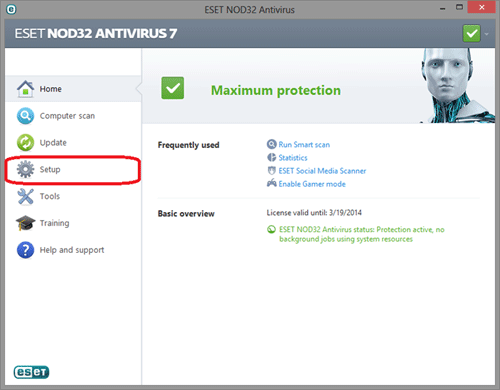 ESET setup menu